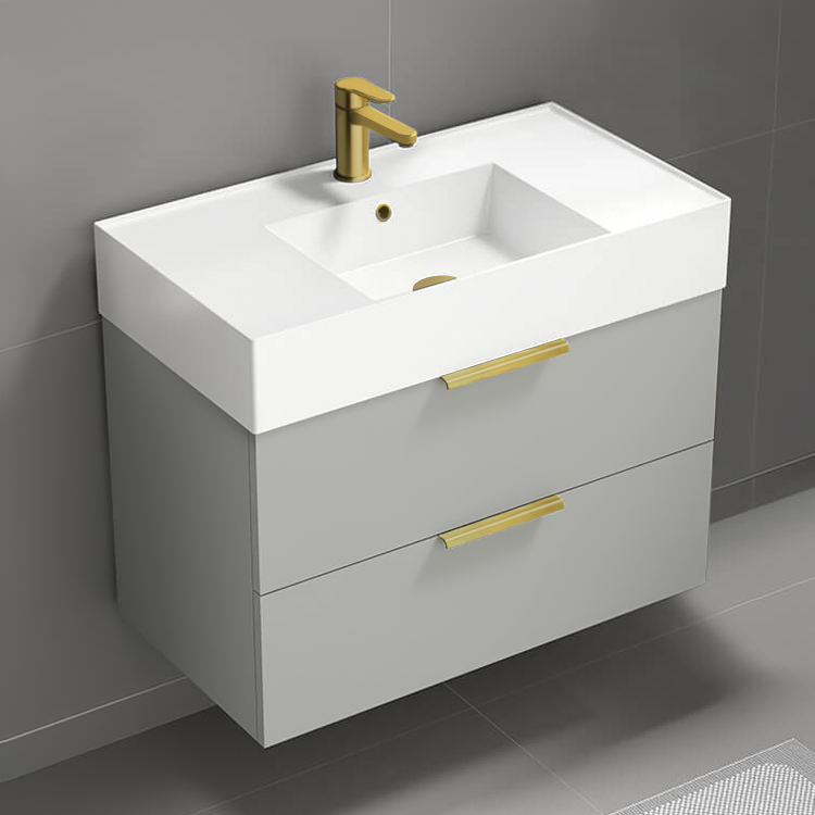 Bathroom Vanity Floating Bathroom Vanity, Modern, 32 Inch, Gold Handles Nameeks DERIN175